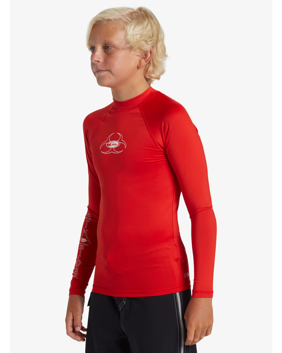 Quiksilver בנים 8-16 Saturn Upf 50 חולצת גלישה עם שרוול ארוך - אדום בסיכון גבוה