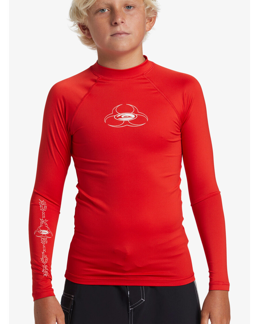 Quiksilver בנים 8-16 Saturn Upf 50 חולצת גלישה עם שרוול ארוך - אדום בסיכון גבוה
