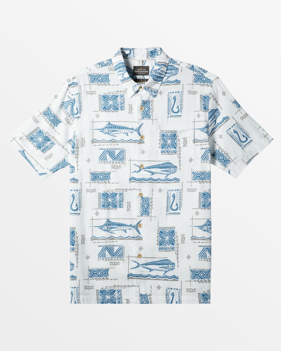 Quiksilver Waterman Stor Blå Kortärmad Skjorta - Vit Stor Blå Vävd